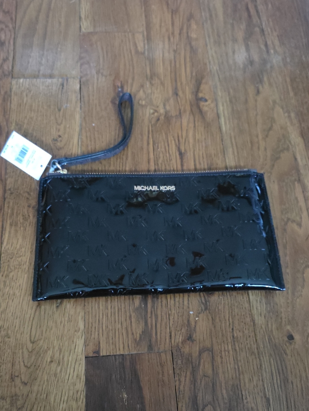 Michael Kors Black Patent Wristlet Clutch with Embossed MK Jet SET
